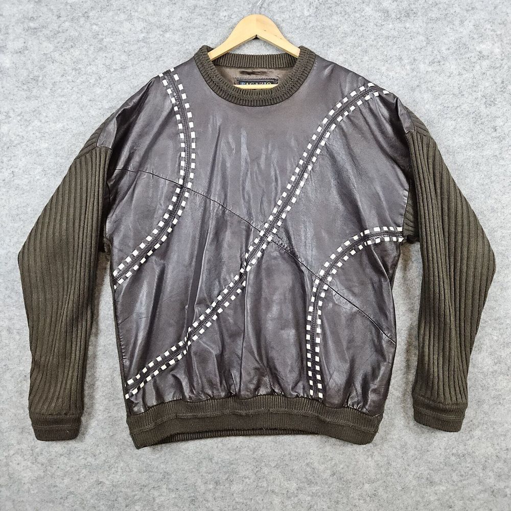 Bagazio Men's Woven Leather Front Sweater‎ Size XXL Cable Knit LOOSE STITCHING